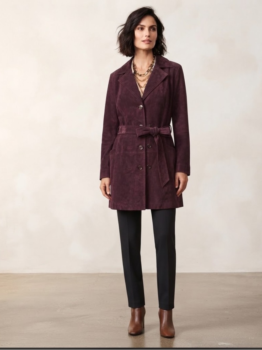Dennis by Dennis Basso Burgundy Genuine Suede Leather Trench Coat Belted XL